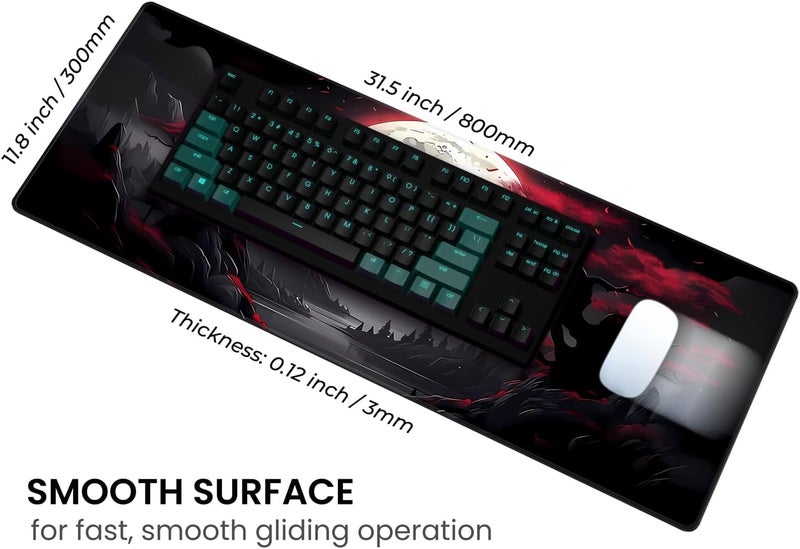 Mayflower Large Gaming Mouse Pad, Full Keyboard Mat, Long Laptop Mousepad, Computer Mouse Mat for Home and Office, Anti-Slip Rubber Base, 31.5 x 11.8 Inches (Dark Red Moon) - Image 4